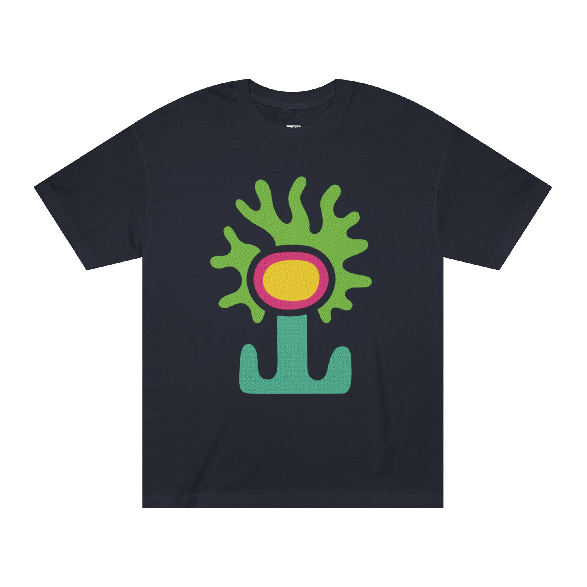 Black t-shirt featuring an abstract green and yellow alien flower graphic in a retro naive art style