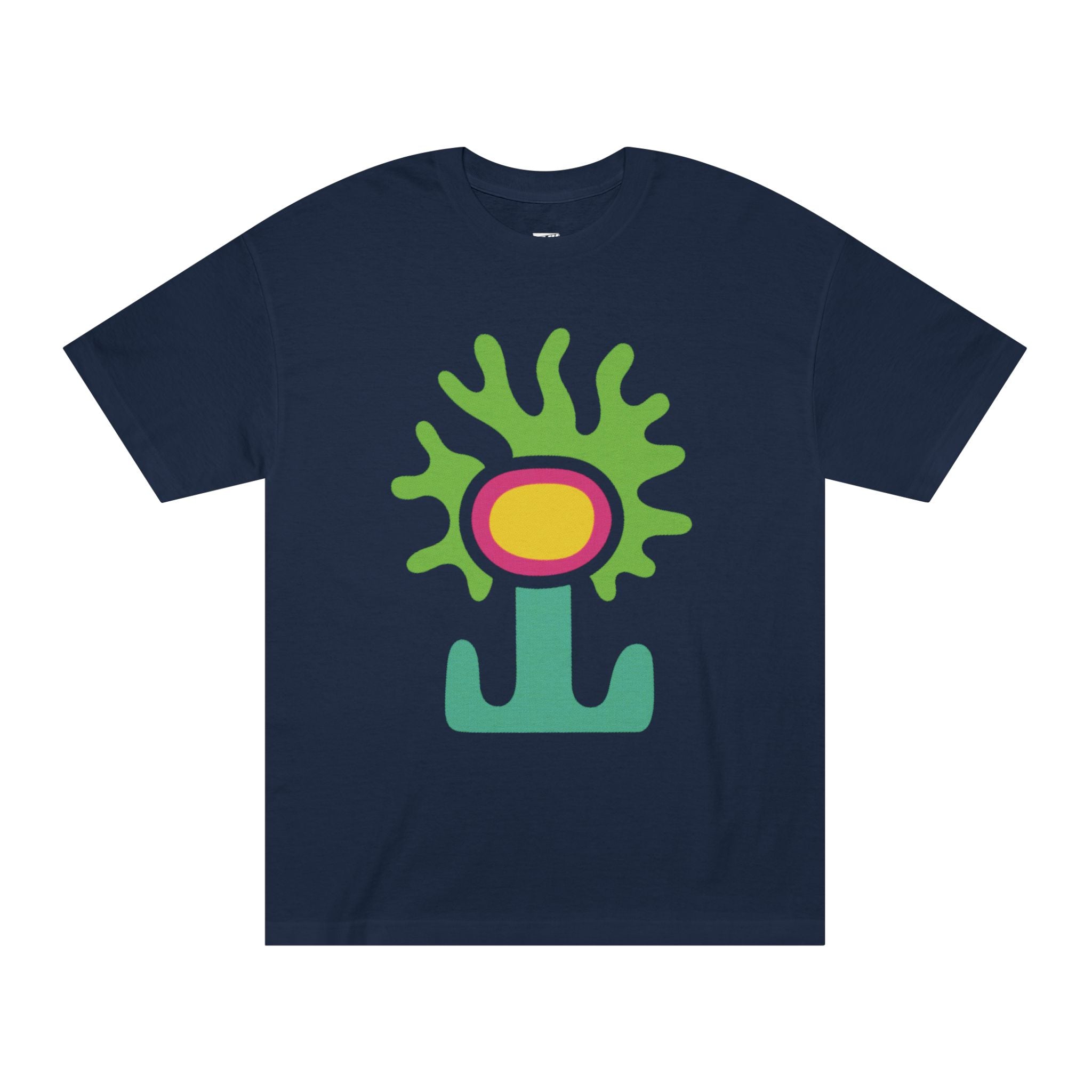 Navy blue t-shirt featuring alien flower, abstract green and yellow organic plant design