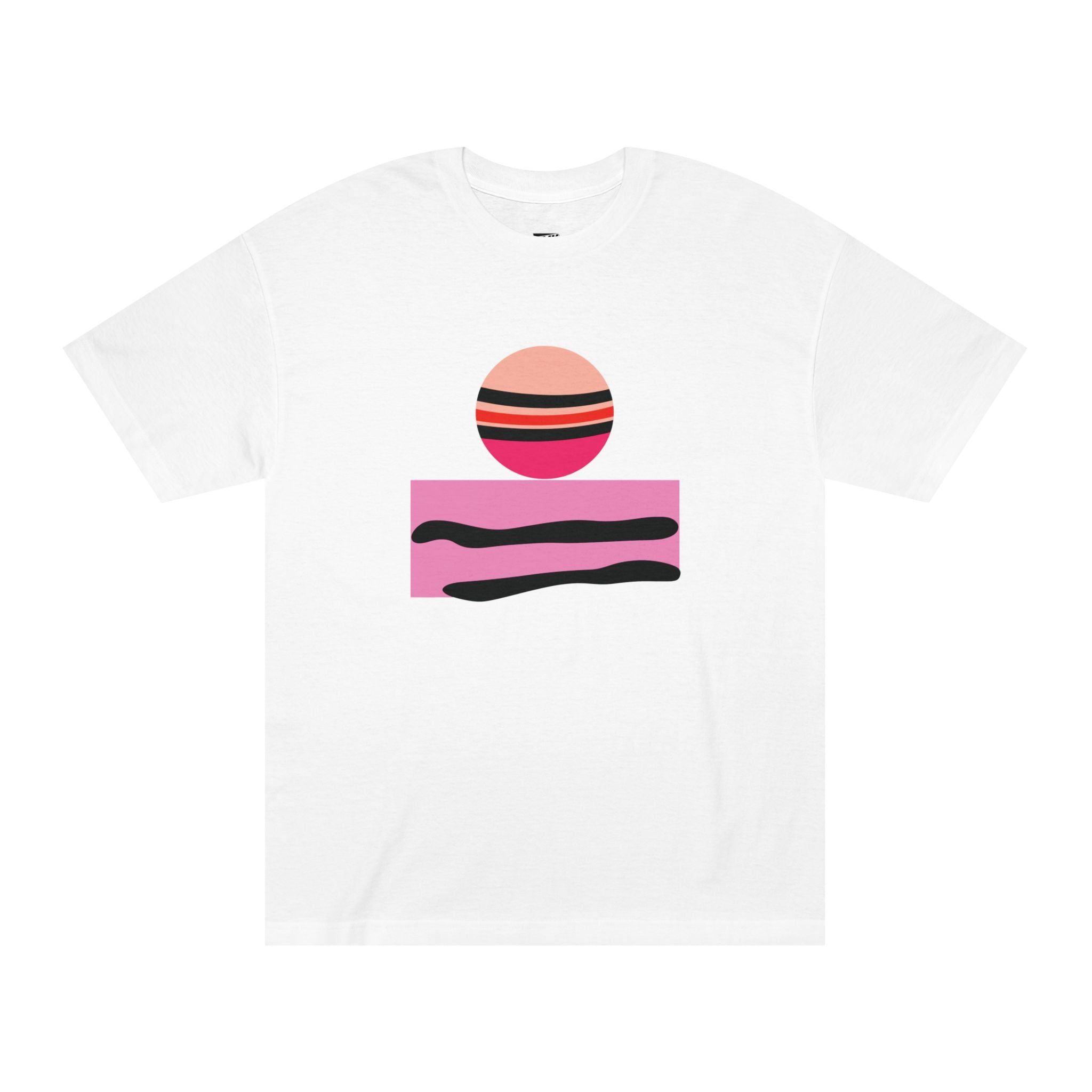 White t-shirt featuring a minimalist abstract graphic of a striped Jupiter planet above a pink geometric block