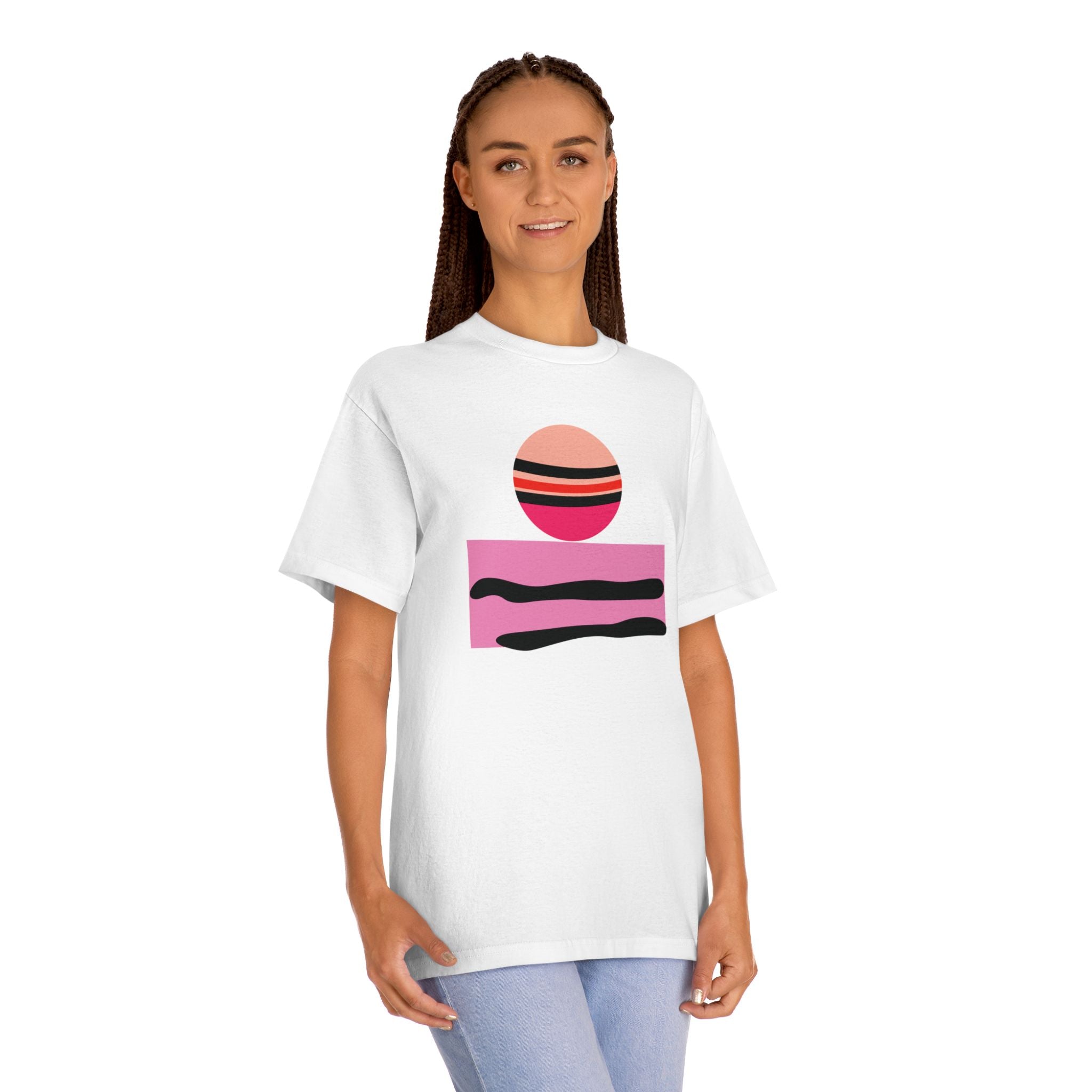Woman wearing the Abstract Jupiter graphic tee, showcasing the modern geometric planet print and casual fit
