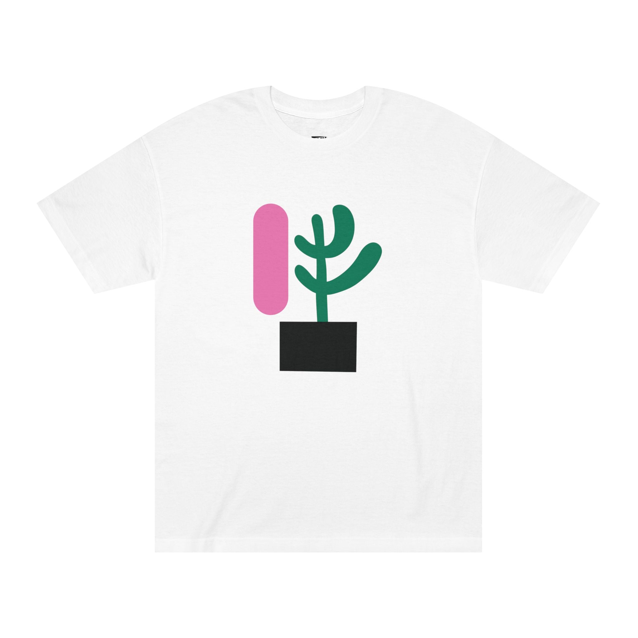 White t-shirt featuring a minimalist abstract graphic of a green cactus-like plant in a black pot next to pink oval