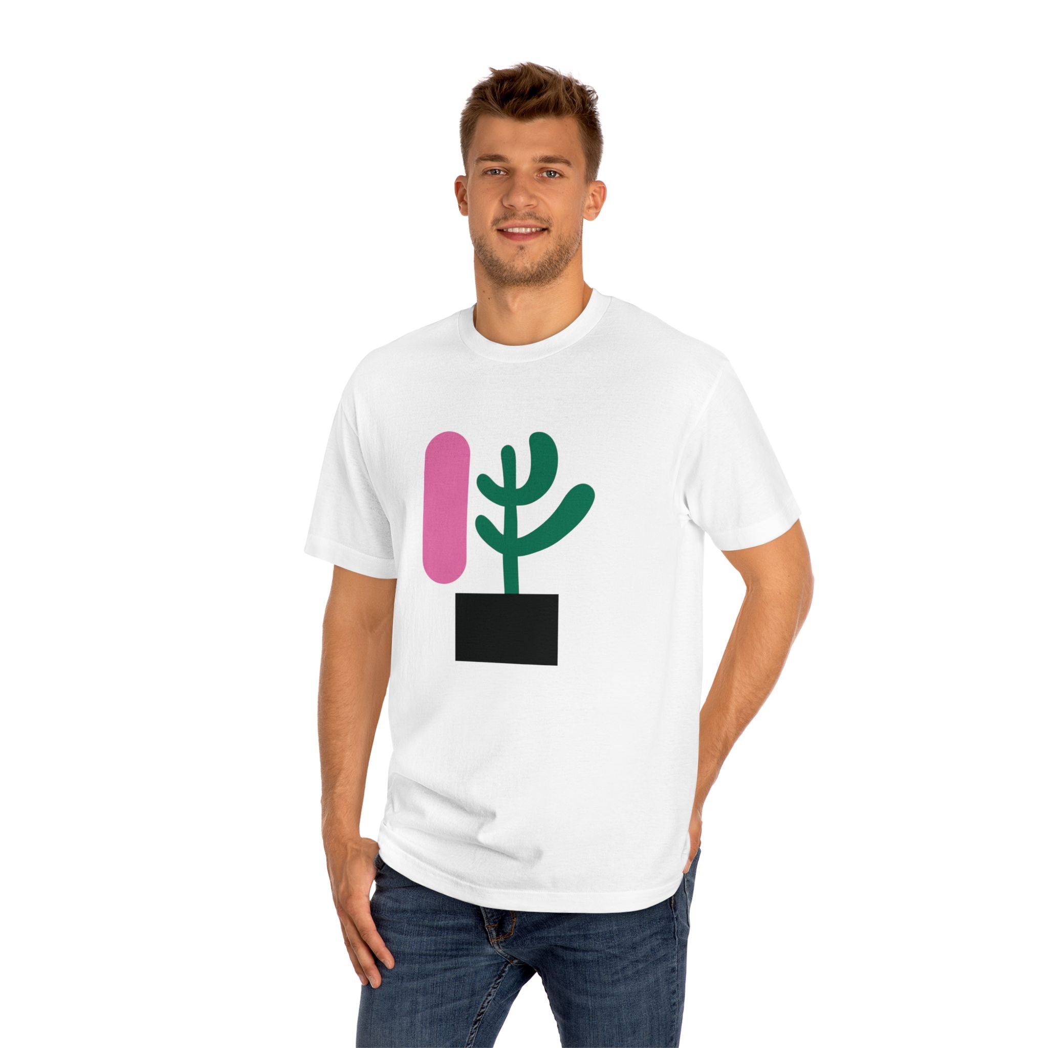 Man wearing a white t-shirt with abstract cactus design
