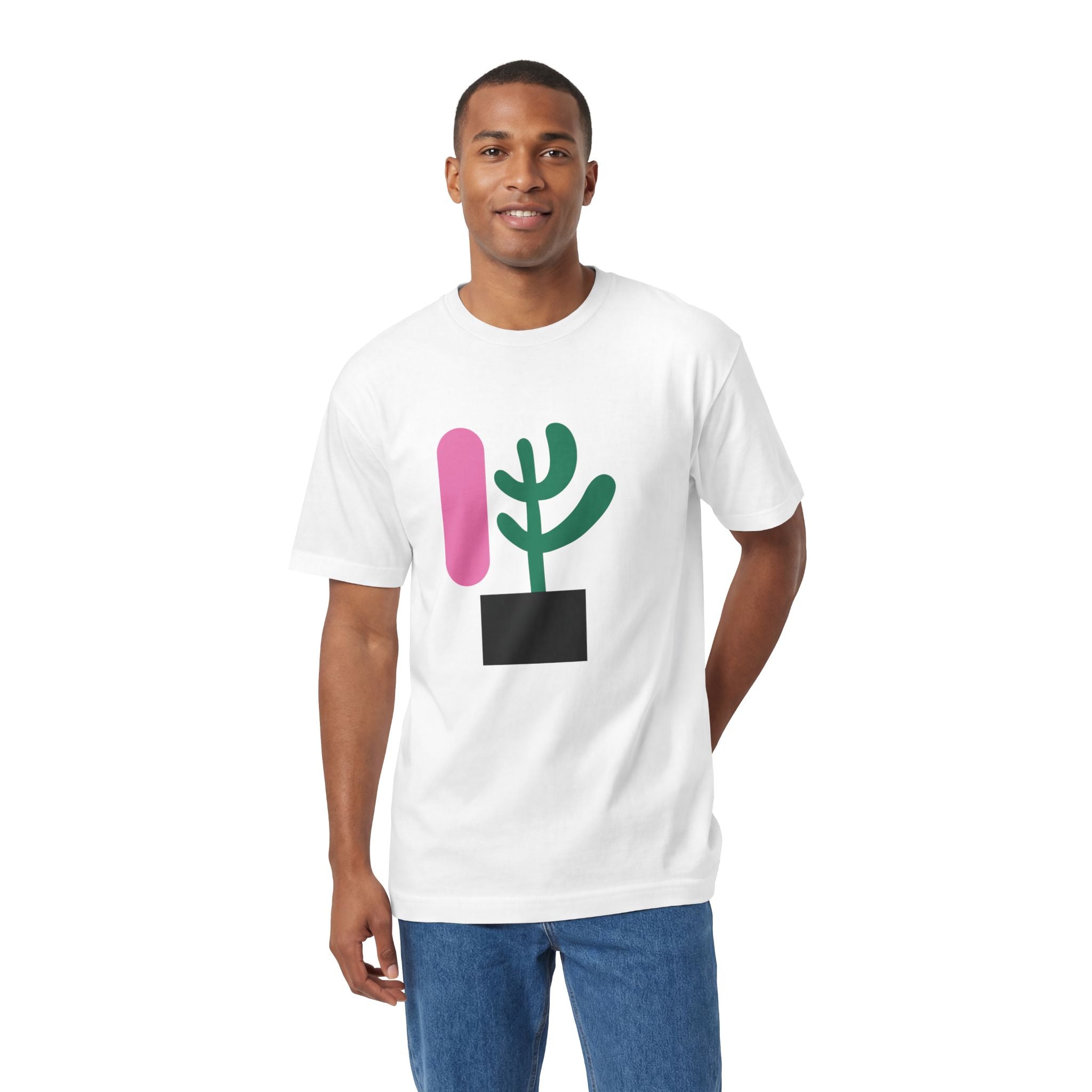 Man wearing a white t-shirt with abstract cactus design