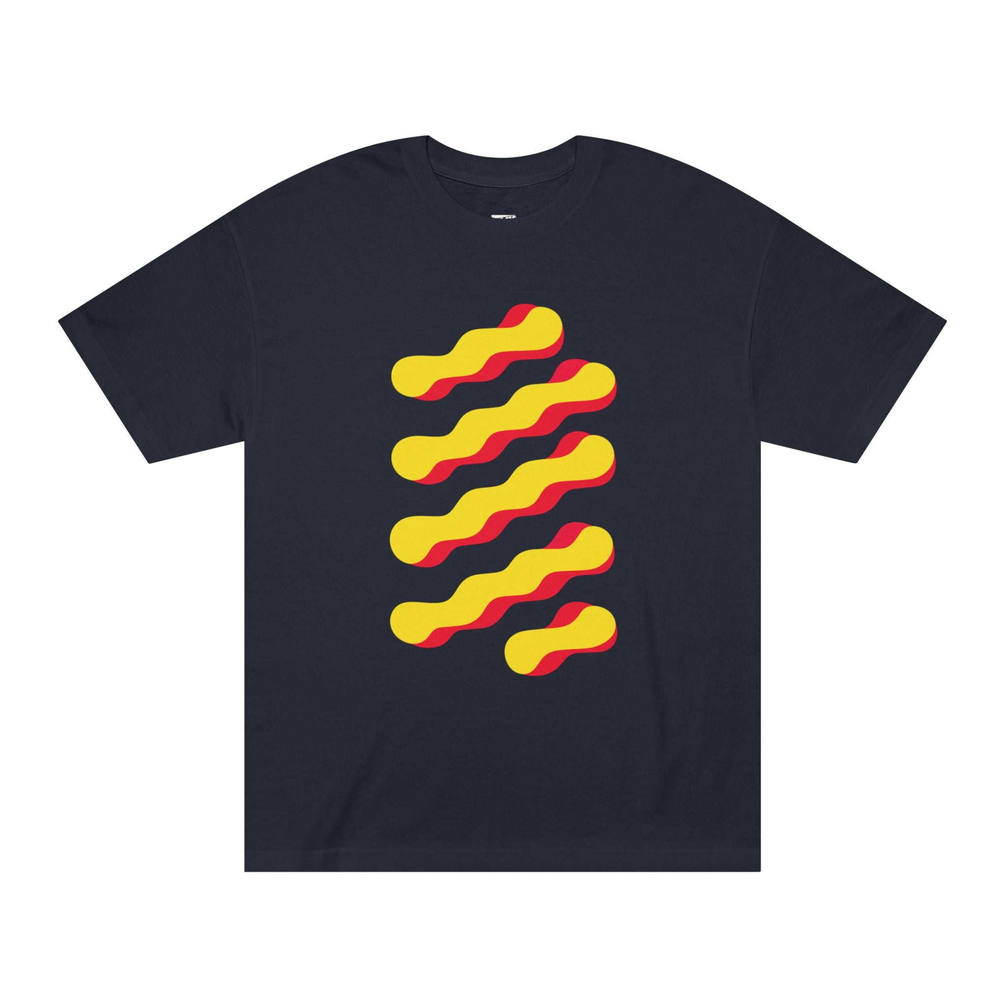 Black t-shirt featuring a stack of abstract wavy yellow lines with red drop shadows in a retro geometric style