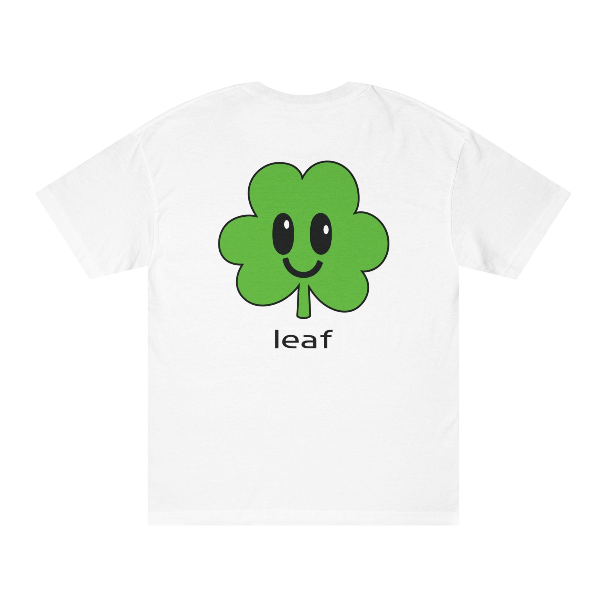 Back of a white t-shirt featuring a large cute green leaf character with a smiley face and "leaf" text underneath