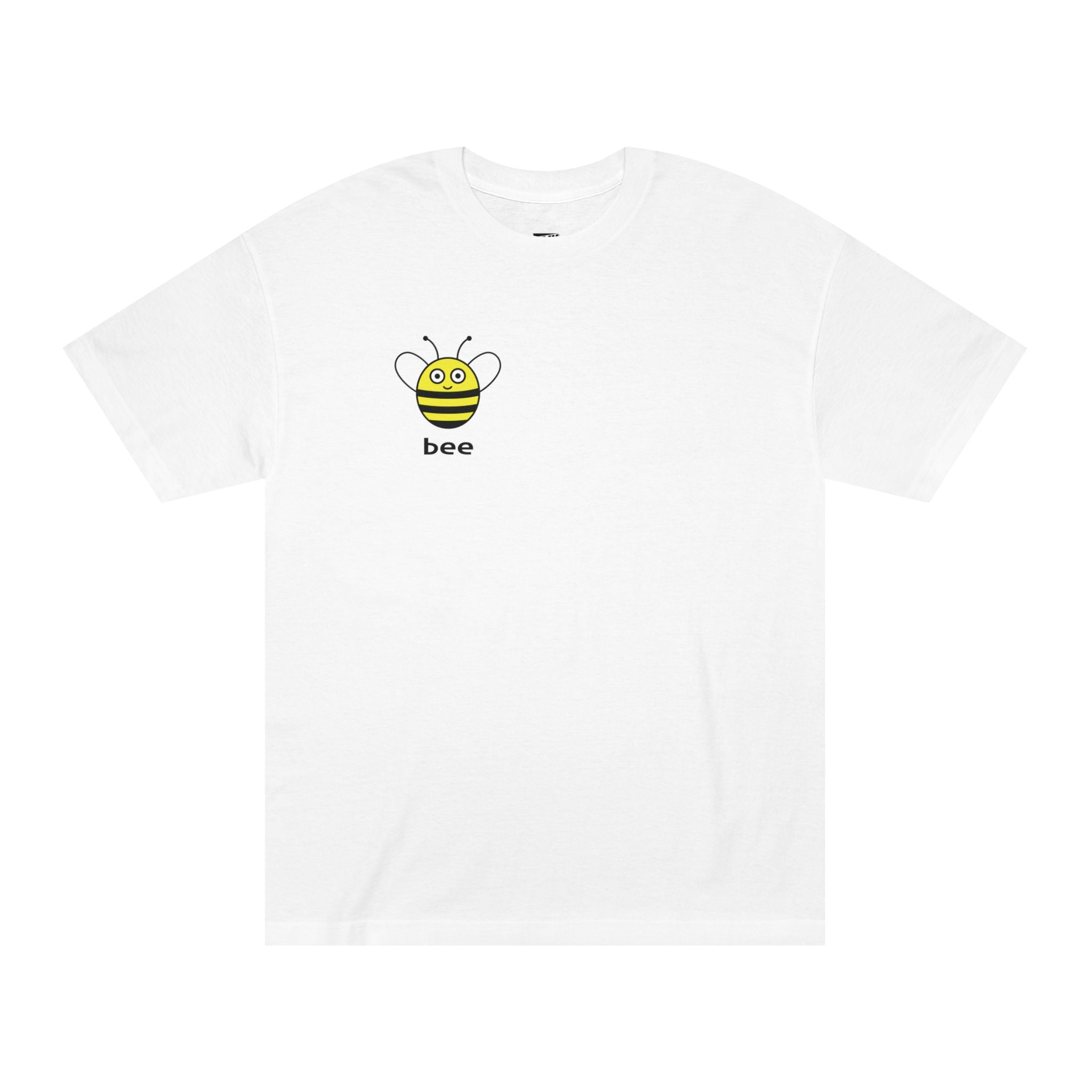 T-shirt featuring a small cute bee illustration on the right chest with the text "bee" underneath.