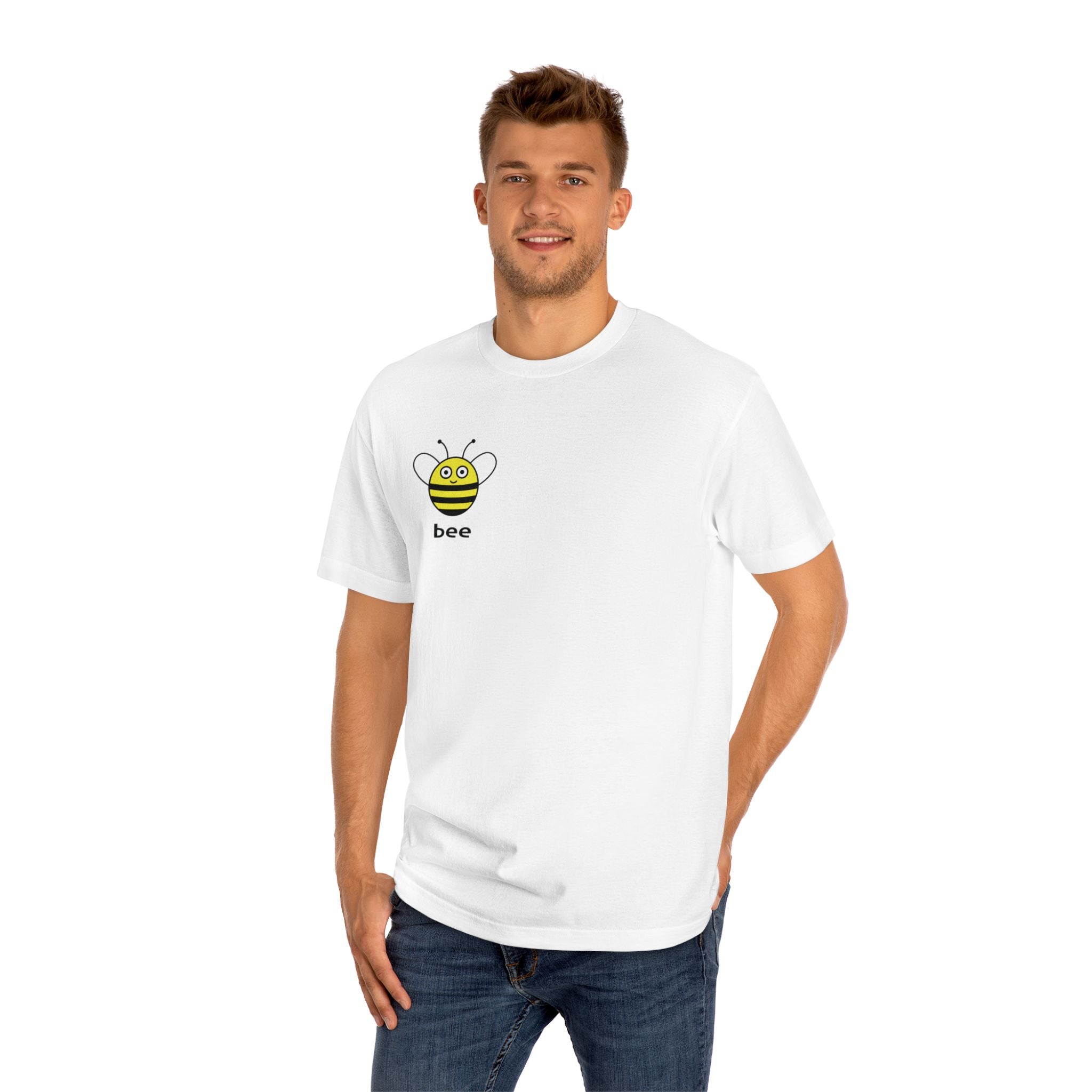 Man wearing the Bee Leaf t-shirt, highlighting the minimalist bee chest design and relaxed fit