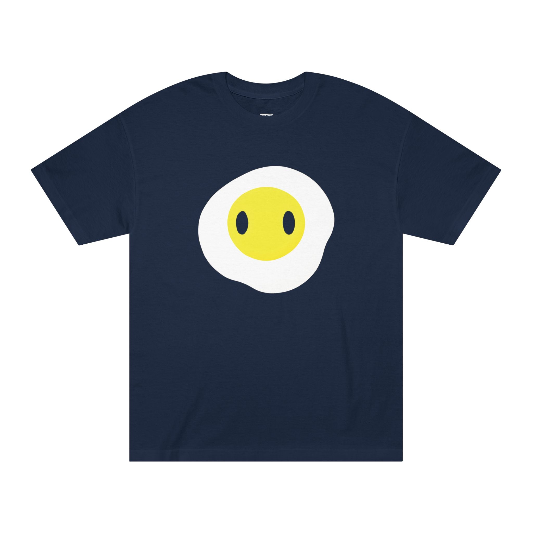 Navy t-shirt featuring a minimalist fried egg graphic with a yellow yolk cute eyes