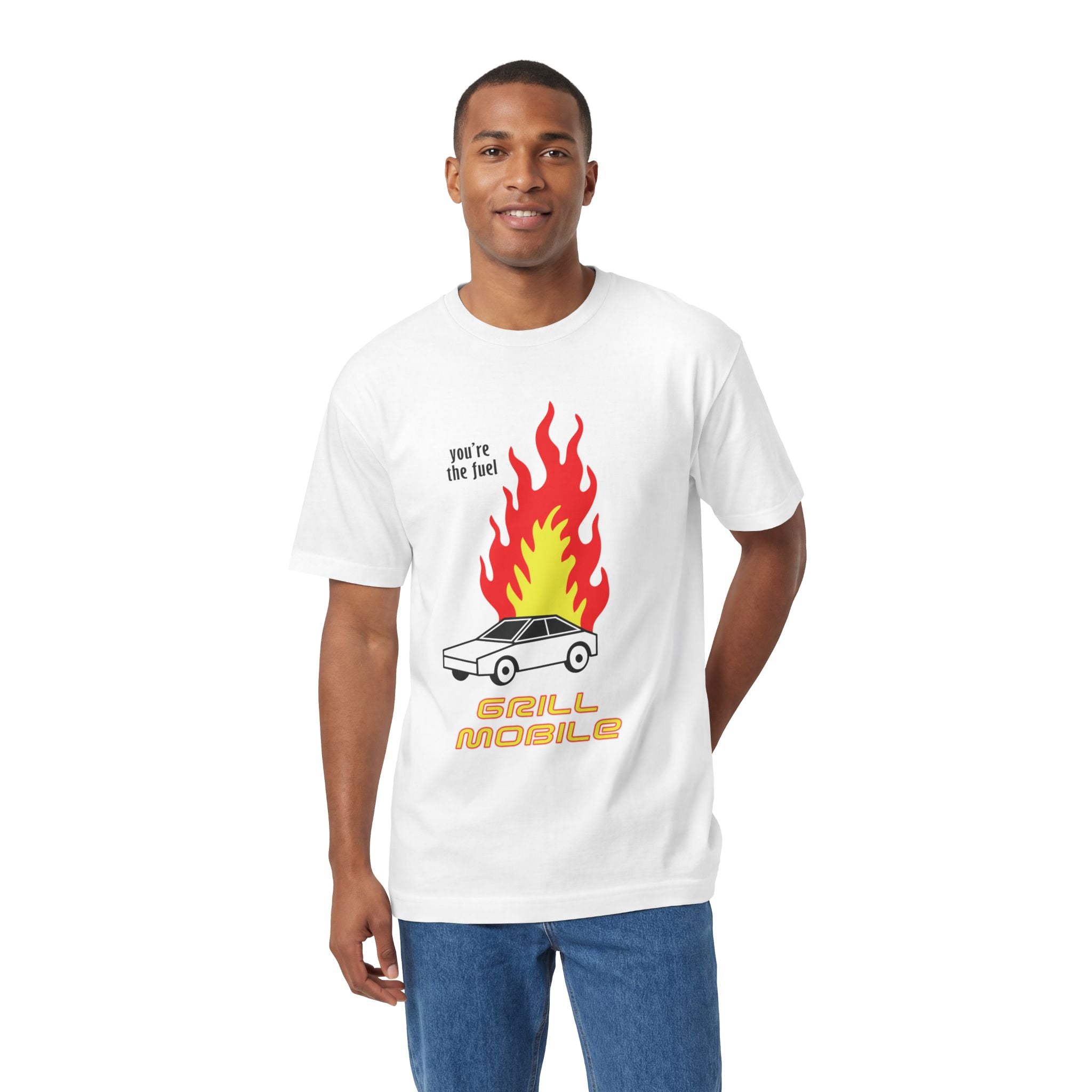Man wearing the Grill Mobile t-shirt, highlighting the "you're the fuel" slogan and relaxed streetwear fit