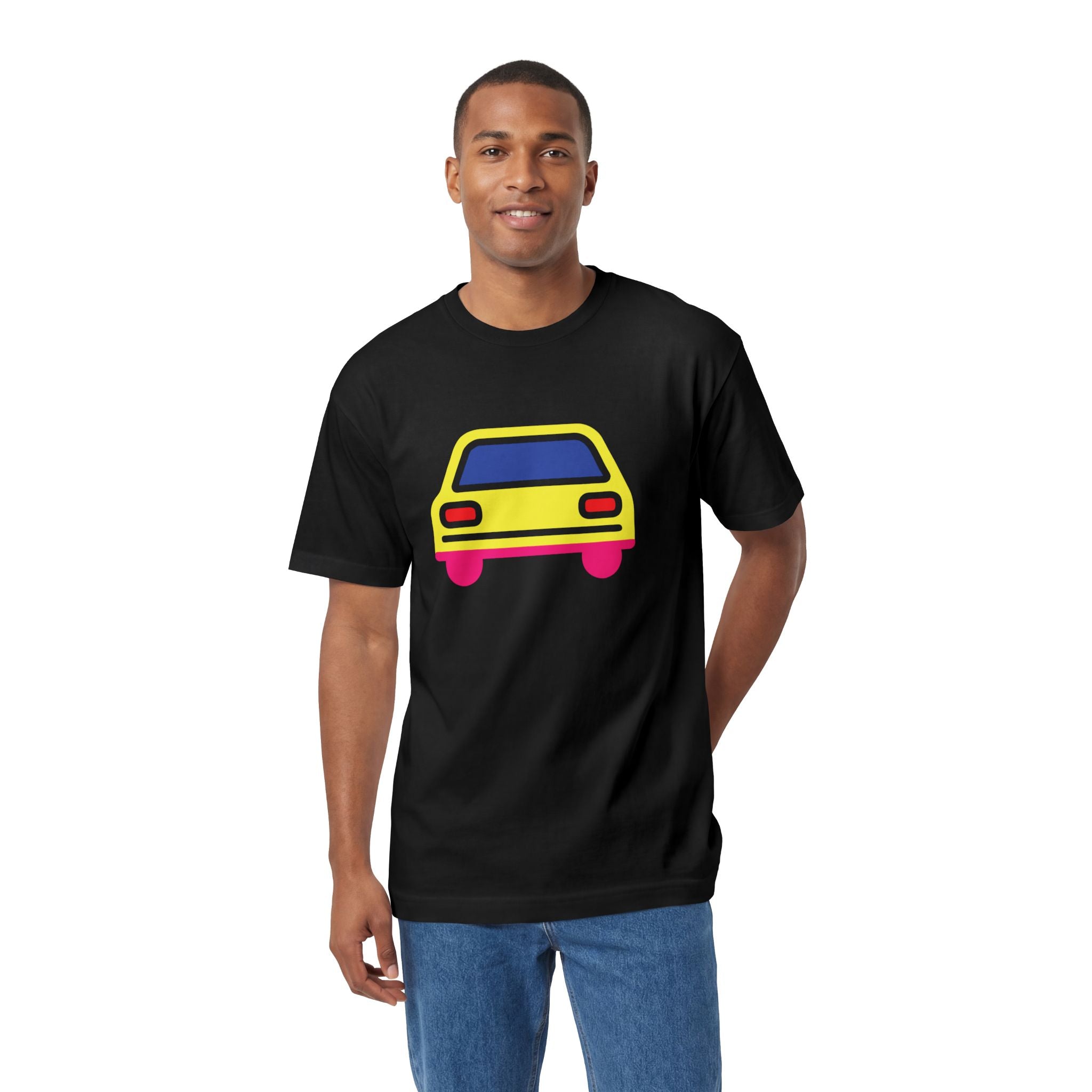 Man wearing black heavyweight cotton t-shirt with minimalist yellow car graphic. Classic boxy fit on male model. Retro urban streetwear look