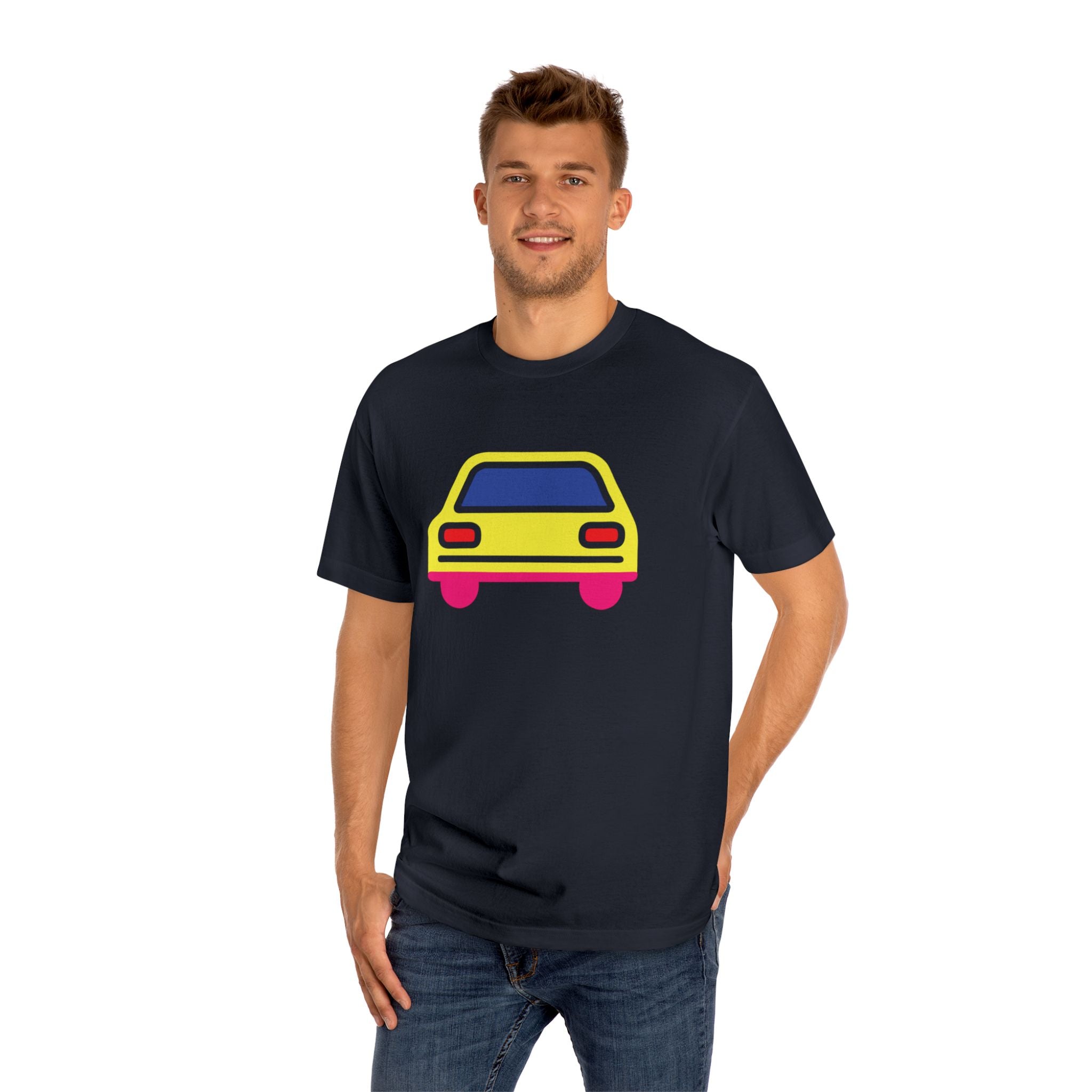 Man wearing black heavyweight cotton t-shirt with minimalist yellow car graphic. Classic boxy fit on male model. Retro urban streetwear look