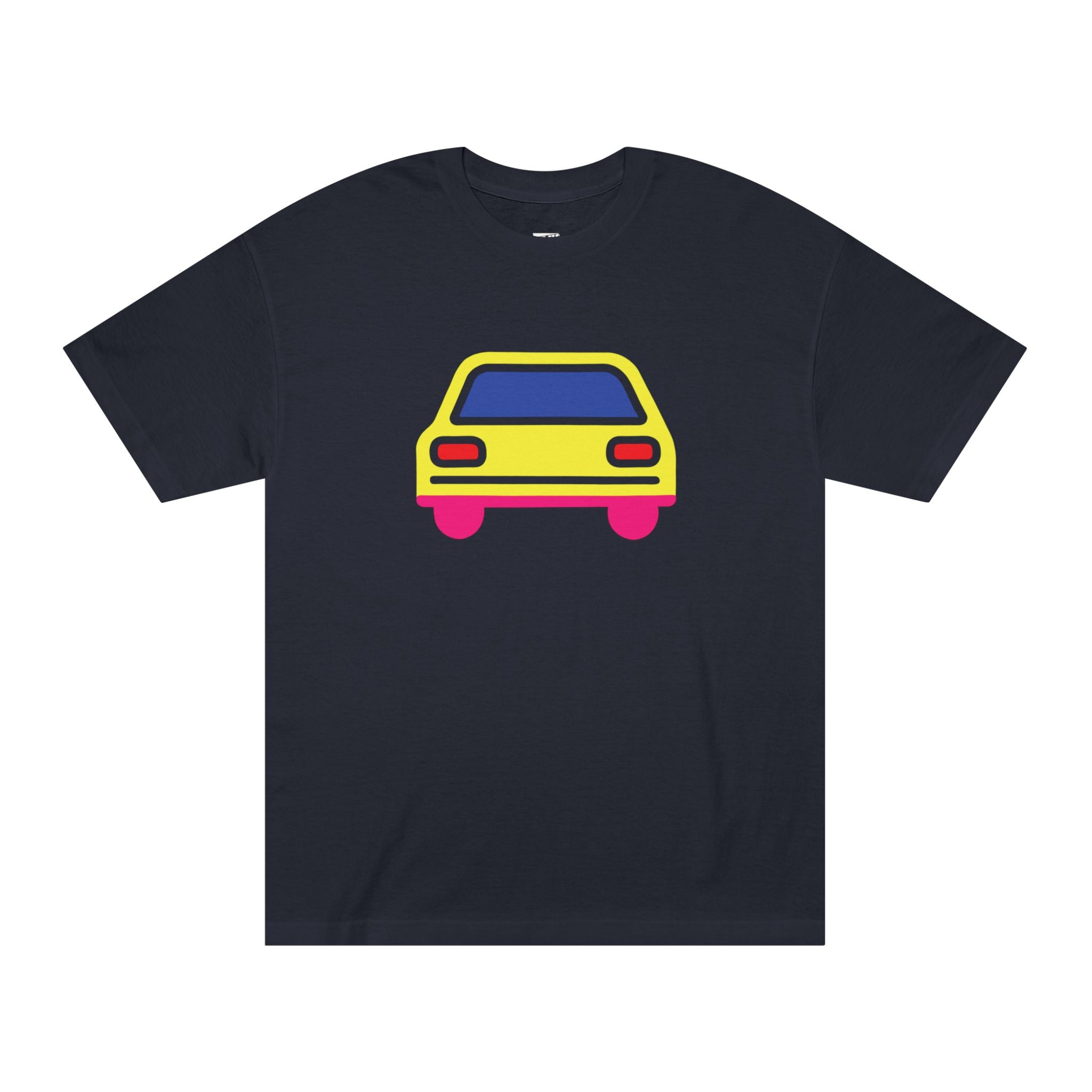 Yellow stylized hatchback car graphic on black t-shirt. Minimalist pop art style with pink wheels and blue window. Flat vector design