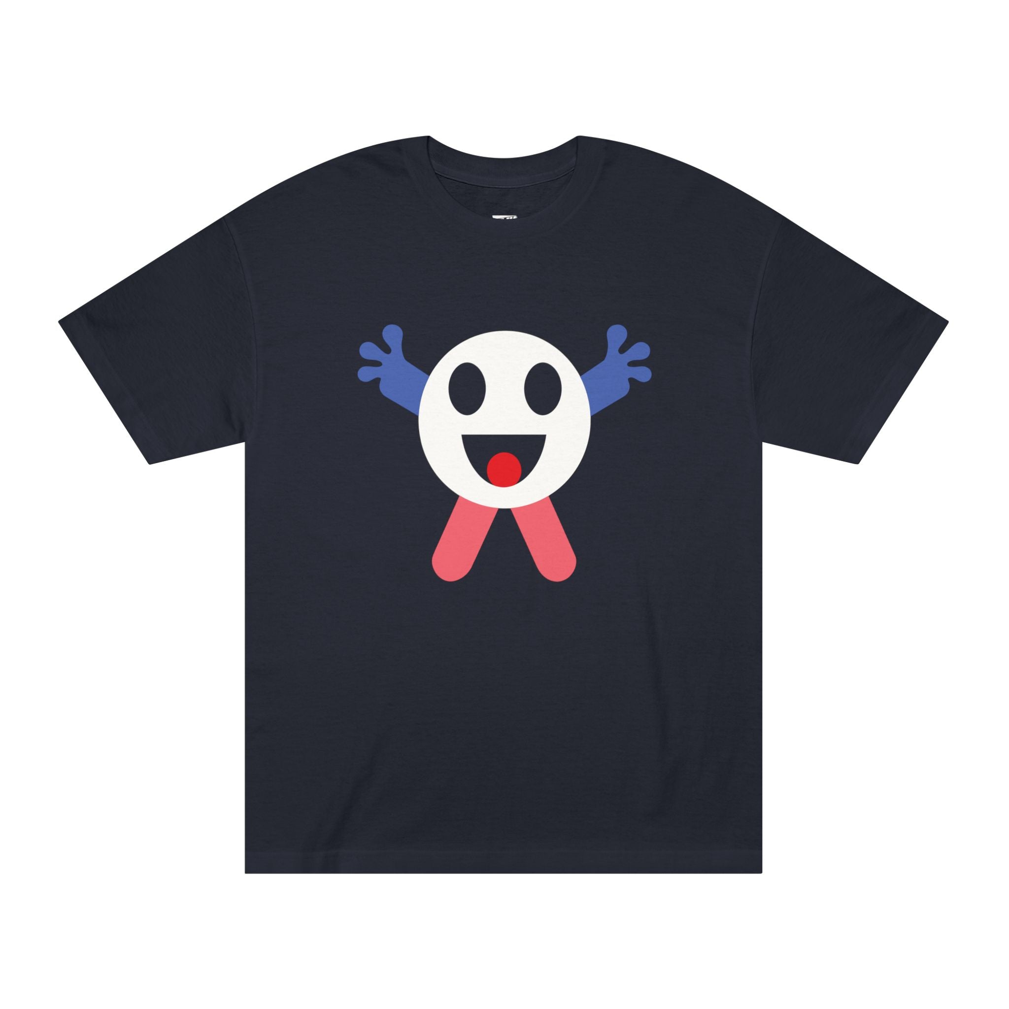 T-shirt featuring a cute white circular character with a smiley face, blue hands, and pink legs