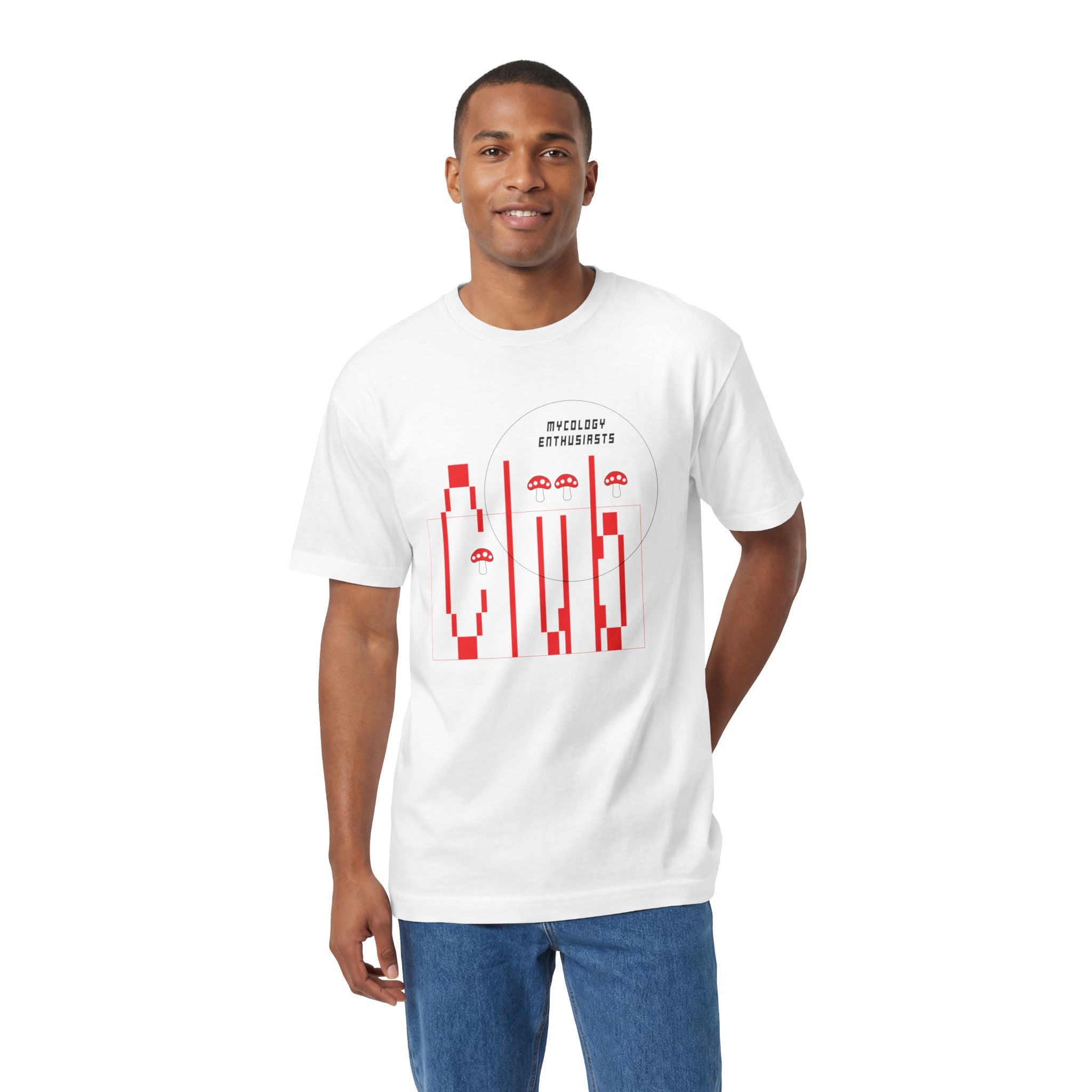 Man wearing the white Mushroom Club Tee, showcasing the red mushroom graphic and relaxed streetwear fit