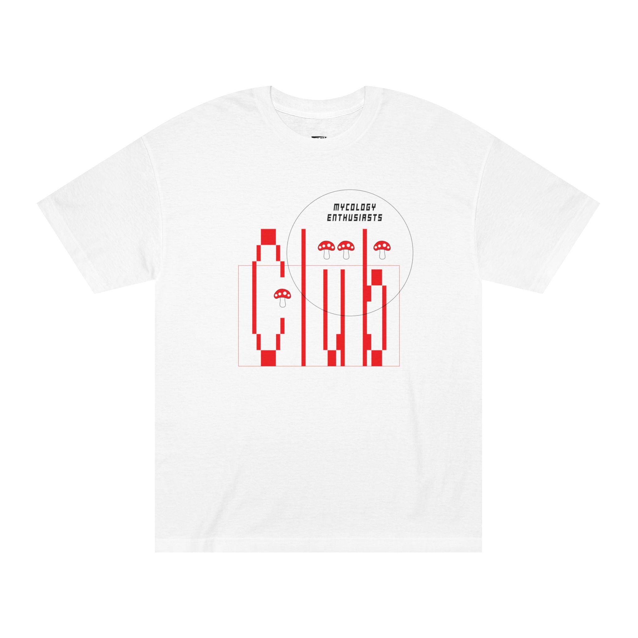 White Mushroom Club t-shirt made in geometric pixel art style