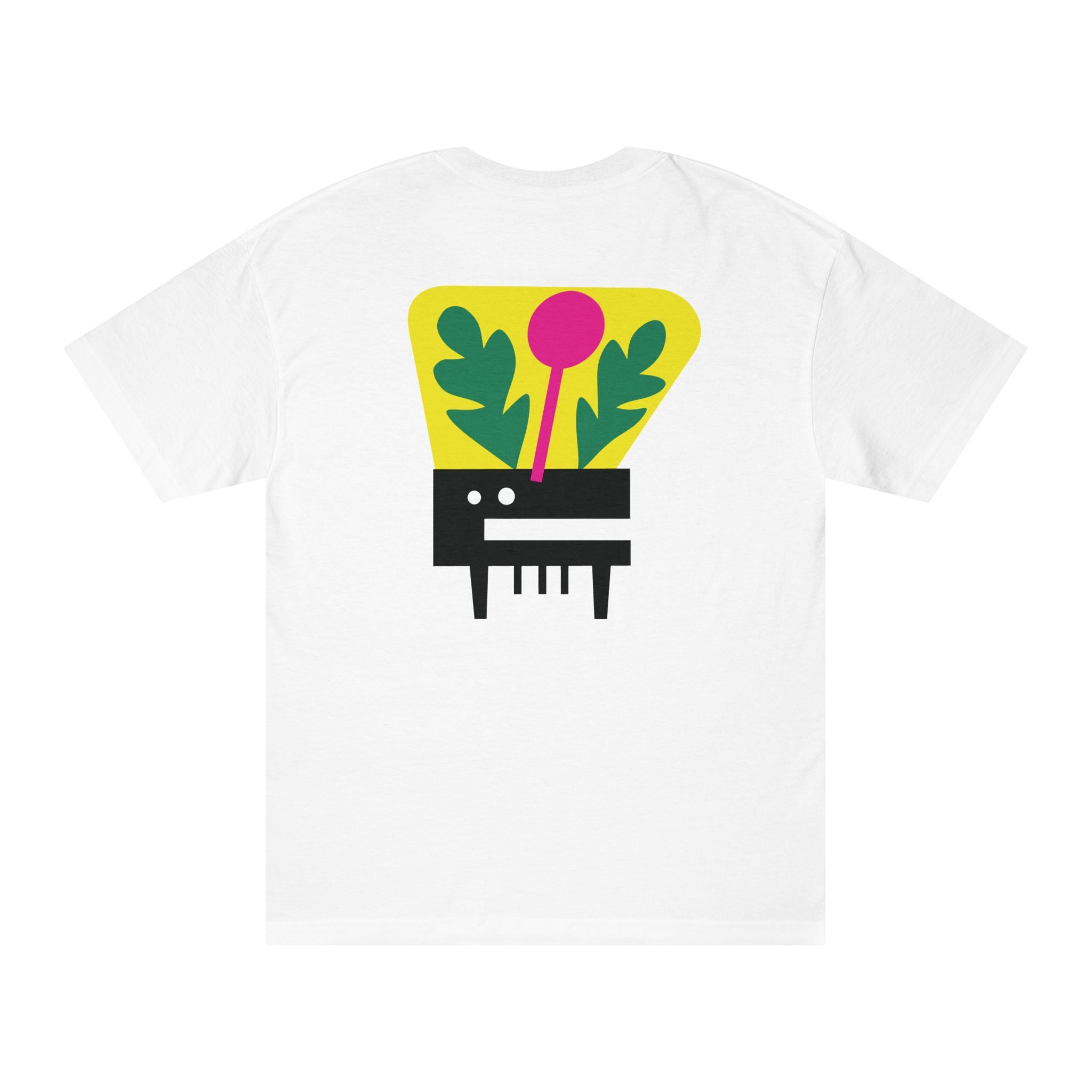Back of a white t-shirt featuring a large abstract graphic of a piano key planter sprouting colorful geometric foliage