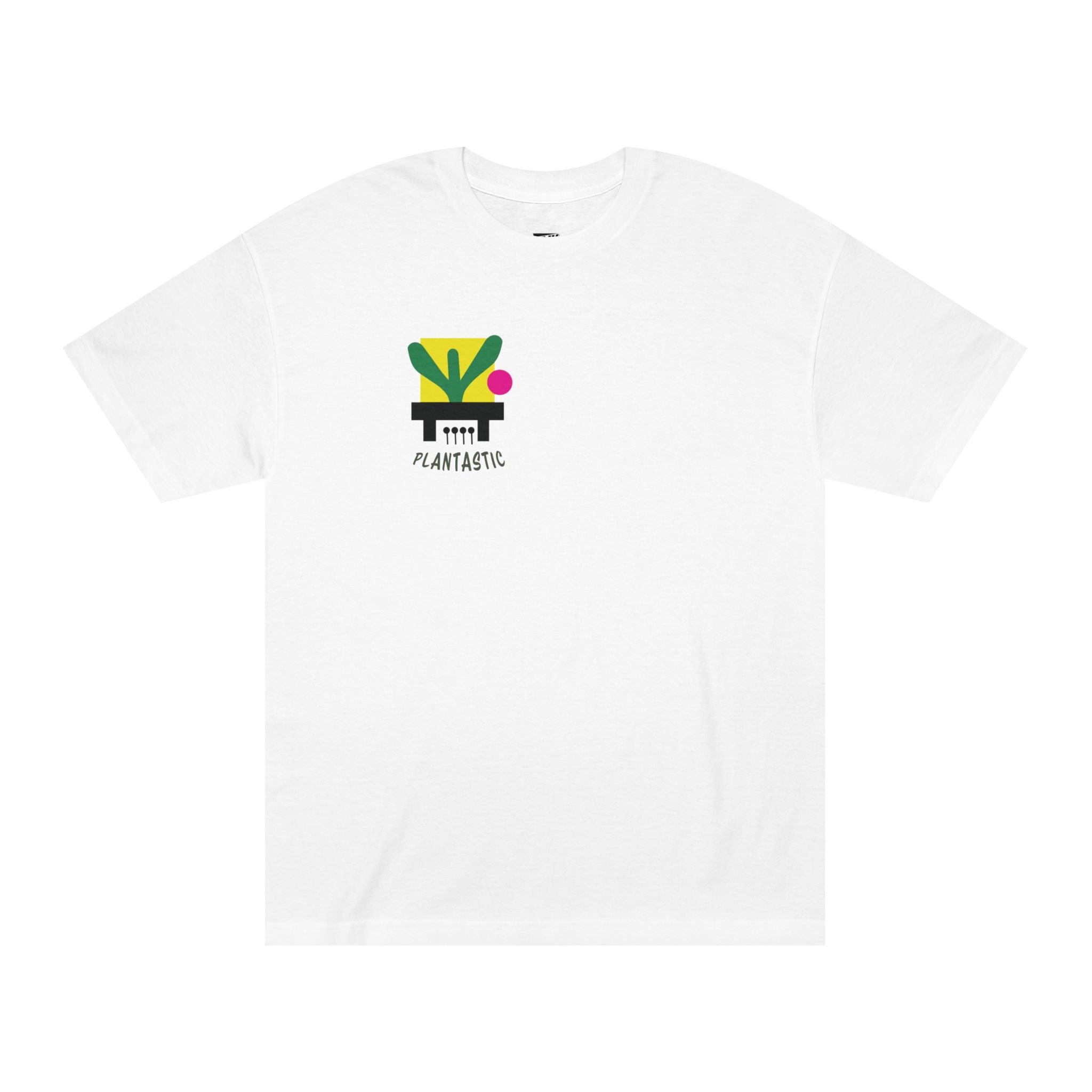 White t-shirt featuring a small chest logo of a piano keyboard planter with abstract green leaves and "PLANTASTIC" text