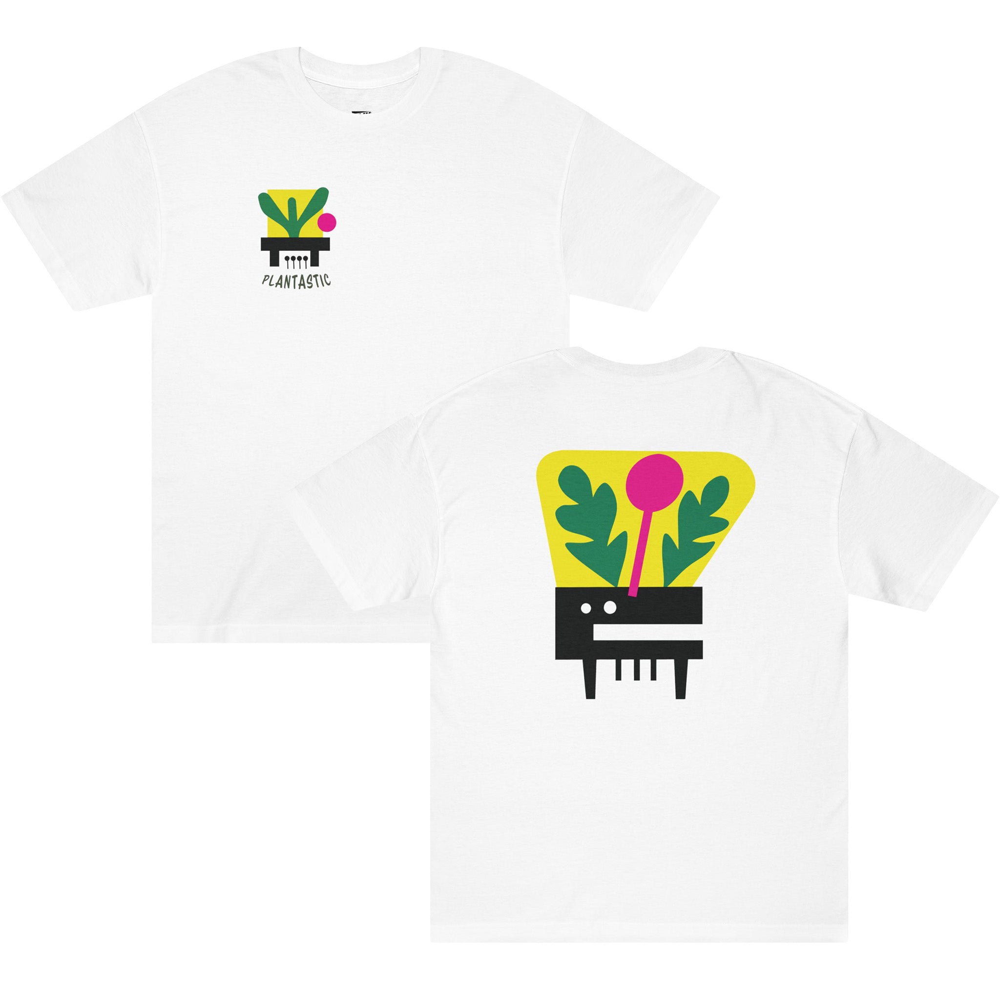 White t-shirt featuring a small chest logo of a piano keyboard planter with abstract green leaves and "PLANTASTIC" text. Back featuring a large abstract graphic of a piano key planter sprouting colorful geometric foliage