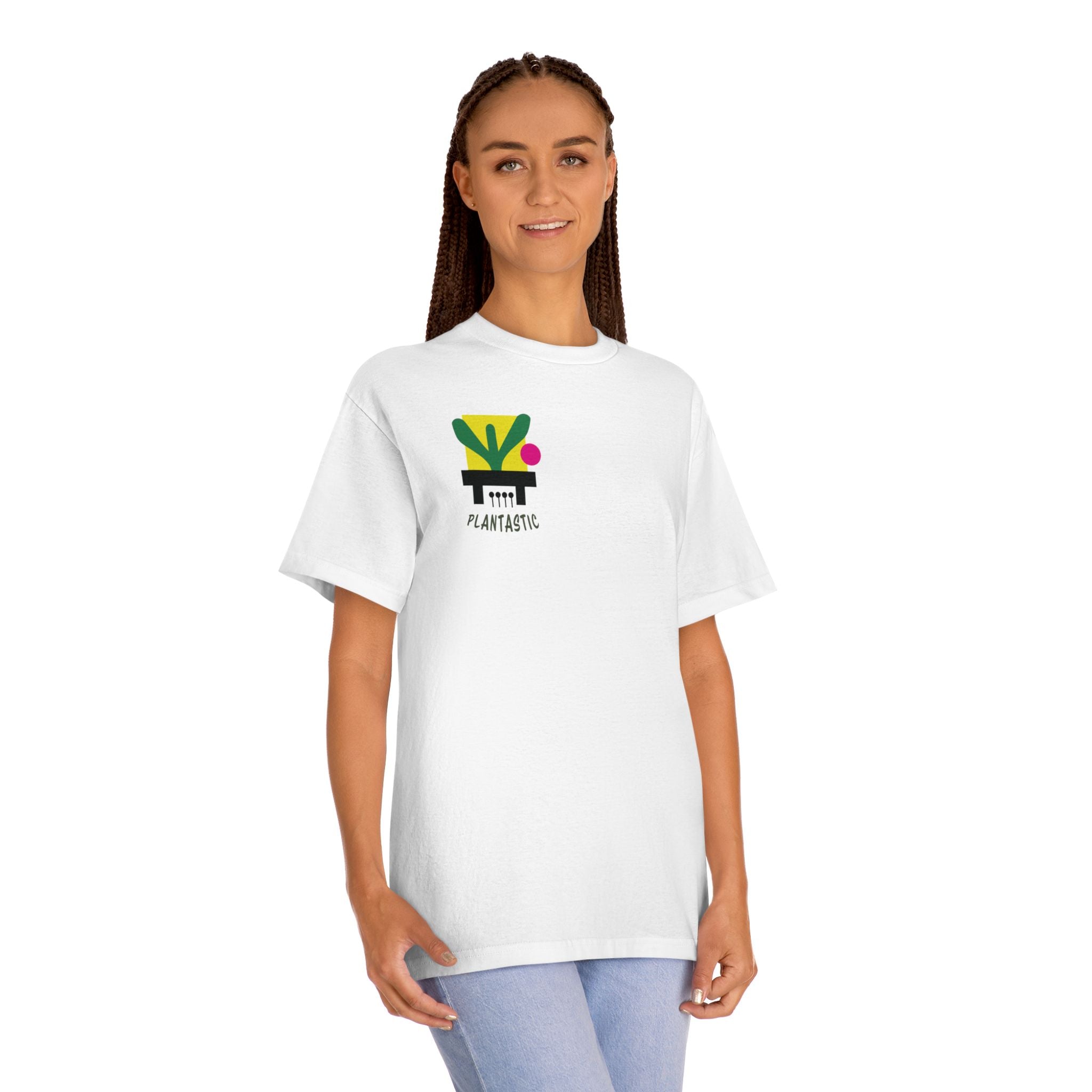 Woman wearing the Plantastic Sound graphic tee, showcasing the small music-themed chest print and casual streetwear fit