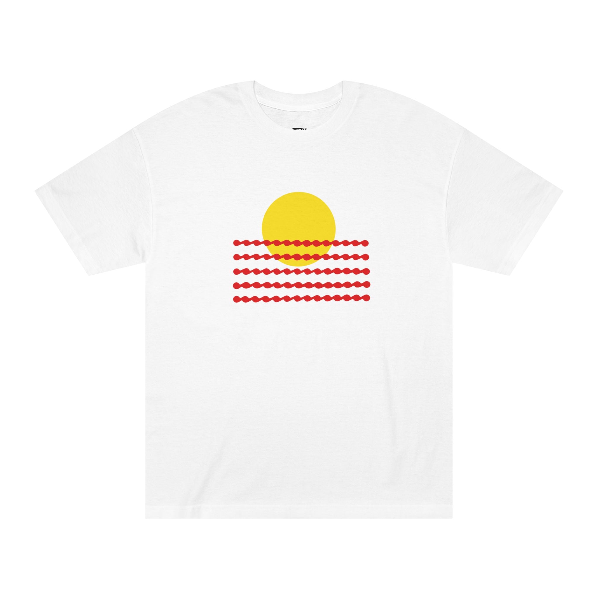 White t-shirt featuring a minimalist graphic of a solid yellow sun circle partially obscured by horizontal red wavy lines