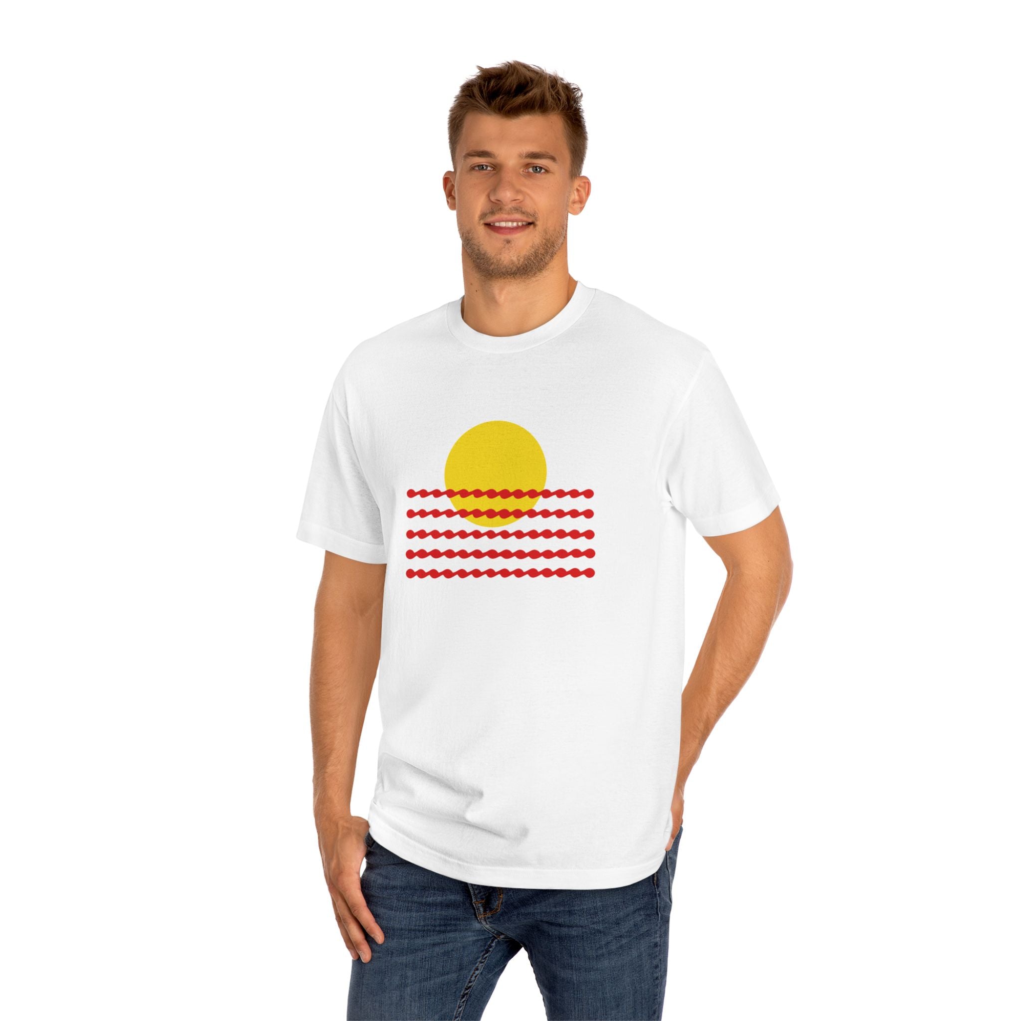 Man wearing the Sunwaves t-shirt, highlighting the retro minimalist design and relaxed streetwear fit